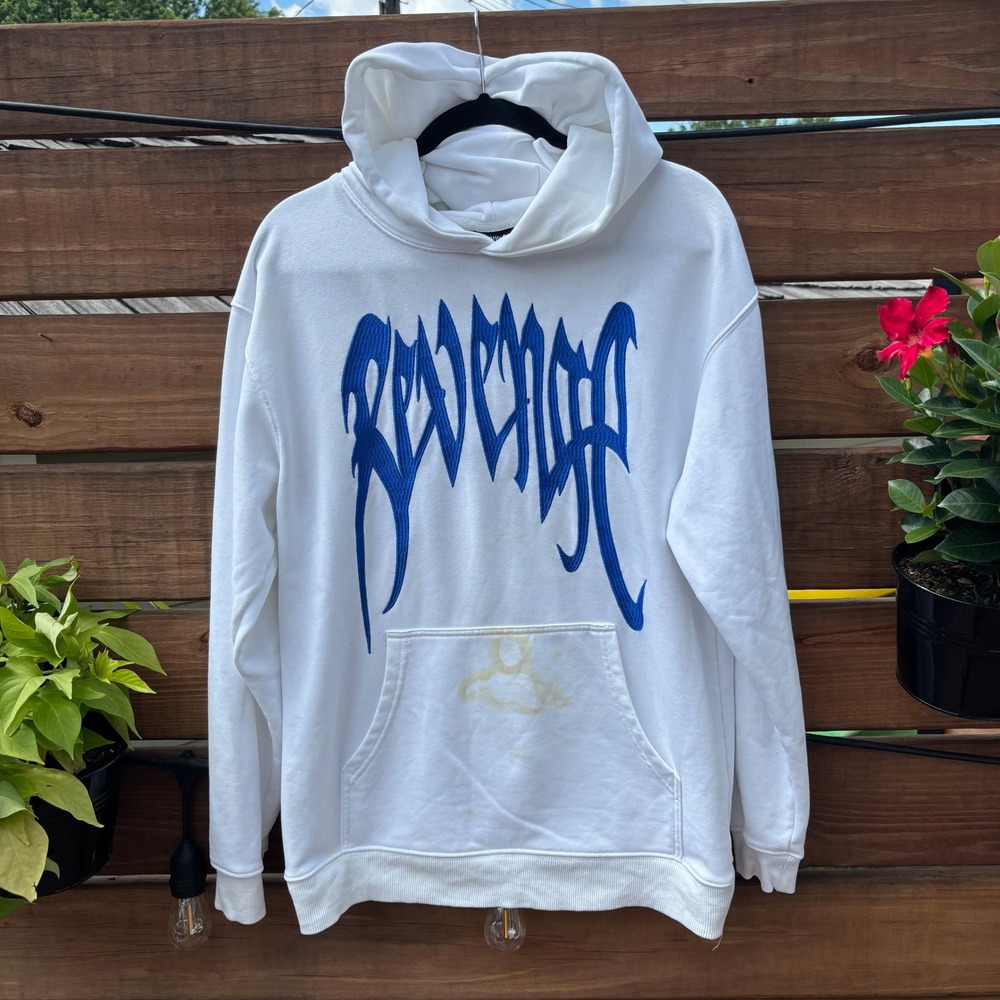 Revenge Hoodie Mens XL White Blue Embroidered Logo Fair Condition Streetwear